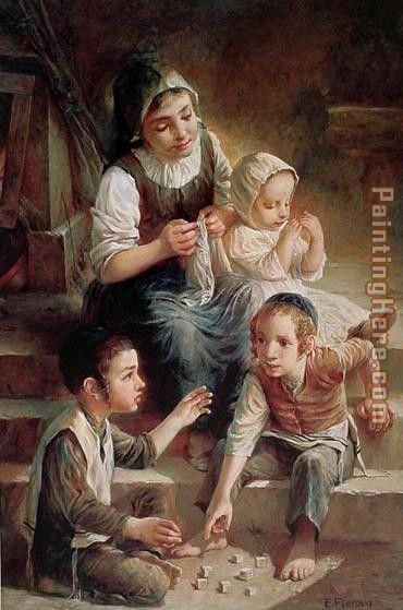 Children on the stairs painting - Unknown Artist Children on the stairs art painting
